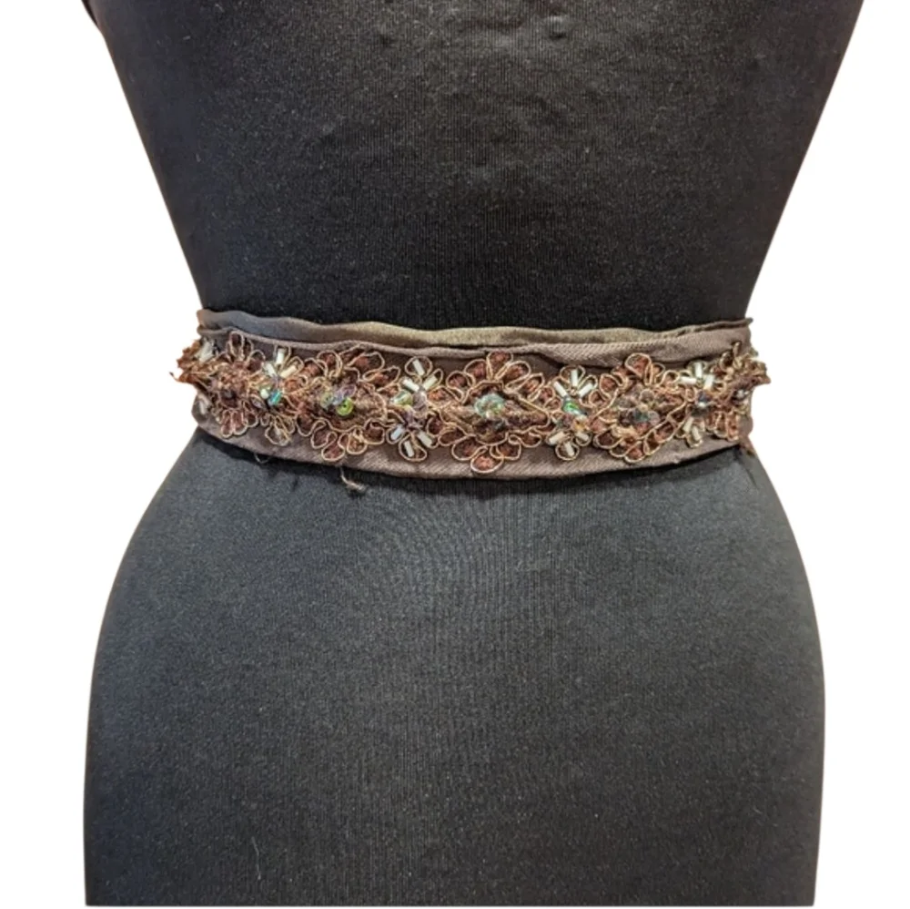 Whimsigoth Vintage Y2K Brown Belt Satin Embroidered Tie Waist Or Headband